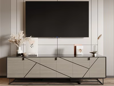 Modern TV Stand With Geometric Lines And Metal Frame Decorative Vases Books And Striped Wall 3d model
