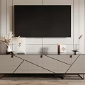 Modern TV Stand With Geometric Lines And Metal Frame Decorative Vases Books And Striped Wall