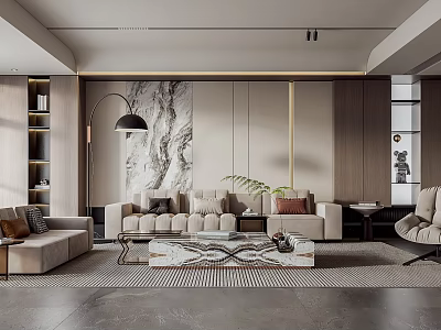 Modern Living Dining Room Interior With Sofa Coffee Table Rug And Marble Feature Wall 3d model