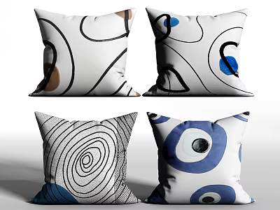 Modern Artistic Decorative Throw Pillows With Abstract Geometric Blue Black White Brown Patterns 3d model