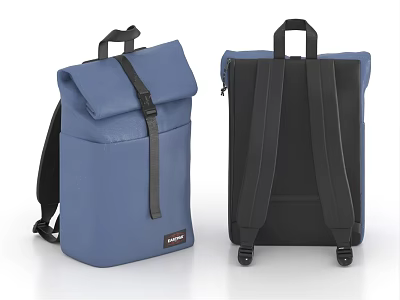 Blue Backpacks With Roll Top Design Black Straps And Rolling Wheels For Travel 3d model