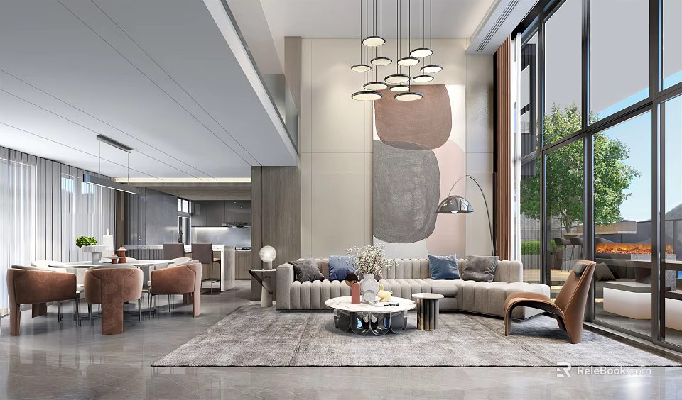 Elegant Modern Duplex Living Room Interior With Pendant Lights Large Windows And Area Rug 3d model 