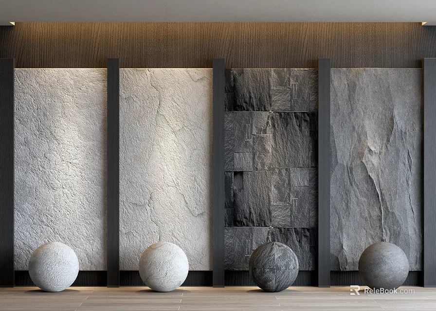 Contemporary Wall Paneling Design With Textured Surfaces And Decorative Stone Balls 3d model