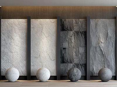 Contemporary Wall Paneling Design With Textured Surfaces And Decorative Stone Balls 3d model