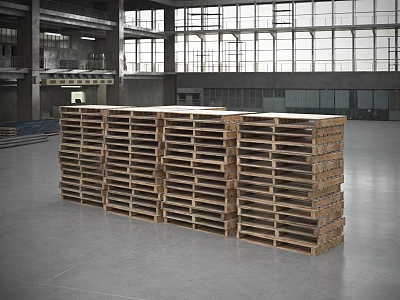 Industrial Equipment Wooden Pallets Neatly Stacked In Spacious Industrial Interior With Tall Windows Metal Structures 3d model
