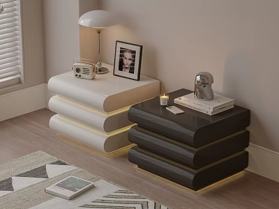 Modern White And Black Stacked Storage Cabinets With Lighting Table Lamp Photo Frame And Books 3d model