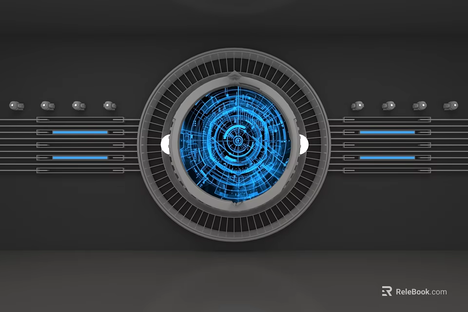 Futuristic Art Installation With Circular Design Blue Tech Pattern And Gray Frame 3d model 