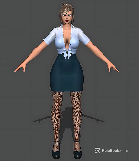A Woman In White Shirt And Dark Blue Skirt With Black Fishnet Stockings 3d model 