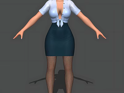 A Woman In White Shirt And Dark Blue Skirt With Black Fishnet Stockings 3d model