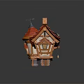 Cartoon Style House Scene With Wooden Structure Red Pointed Roof Small Windows And Weather Vane
