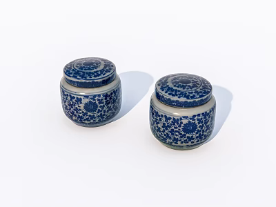 Pair of Blue and White Ceramic Jars with Intricate Floral Patterned Lids 3d model