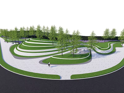 Park Landscape Design With Curved Green Lawns Trees And Winding Paths 3d model