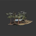 Rustic Log Cabin Model With Blue Roof Surrounding Trees And Dirt Ground