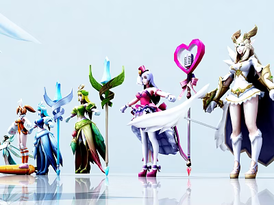 Colorful Game Movie Characters With Diverse Costumes Fantasy Weapons And Unique Designs 3d model