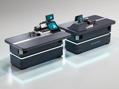 Modern Tech-Integrated Checkout Counter with Digital Displays and LED Accent Strips 3d model