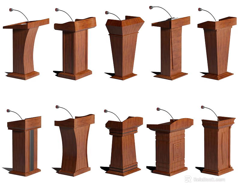 Functional Wooden Podiums With Various Designs And Microphones For Public Speaking 3d model 
