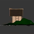 Cartoon Style Cottage Scene with Brown Roof Ladder Yellow Windows Wooden Stairs and Green Grass