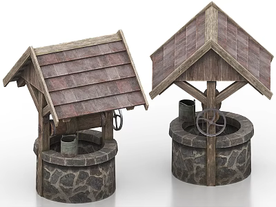 Traditional Well Structure With Wooden Roof Stone Base And Water Bucket Wheel 3d model