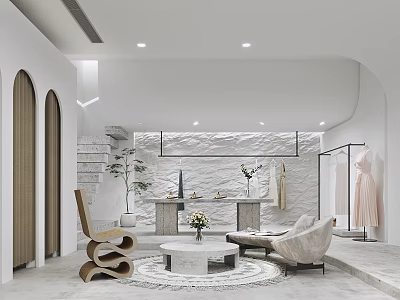 Modern Clothing Store Interior Design With Stone Wall Arched Doorways Sofa And Displayed Dresses 3d model