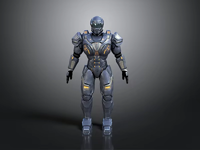 Sci Fi Armored Character In Gray Blue Mechanical Suit With Yellow Accents 3d model