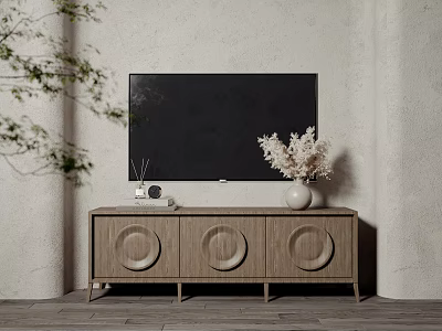 Modern Wooden TV Stand with Circular Details Dried Flowers and Diffuser on Light Wall 3d model