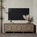 Modern Wooden TV Stand with Circular Details Dried Flowers and Diffuser on Light Wall