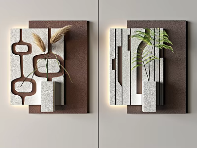 Modern Wall Decor Featuring Geometric Patterns Linear Designs With Dried Plants And Green Fern 3d model