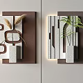 Modern Wall Decor Featuring Geometric Patterns Linear Designs With Dried Plants And Green Fern 3d model