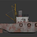 Rusty Red And White Water Vessel With Yellow Crane Black Chimney And Lifebuoys
