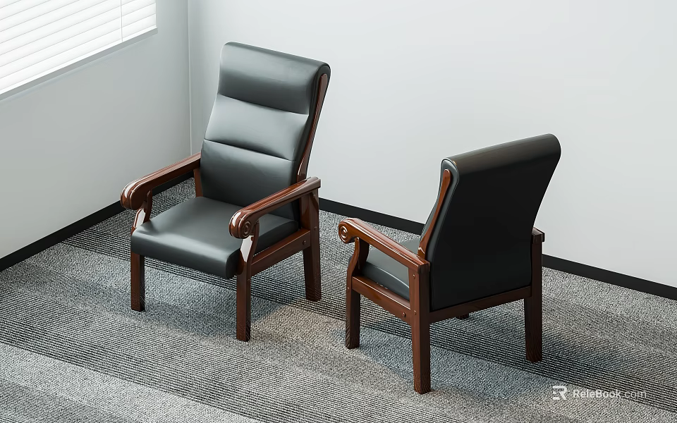 Gray And Black Leather Office Chairs With Wooden Armrests On Carpeted Floor 3d model 