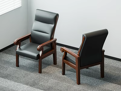 Gray And Black Leather Office Chairs With Wooden Armrests On Carpeted Floor 3d model
