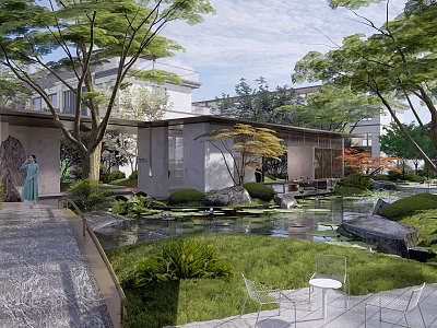 Tranquil Courtyard Garden With Lush Trees Pond Rocks Green Lawn And Metal Chairs 3d model