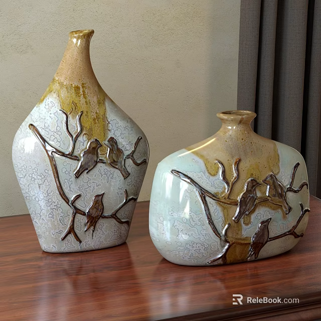 Ceramic Vases Decorated With Branches And Birds White Gold Gradient Design On Table 3d model 