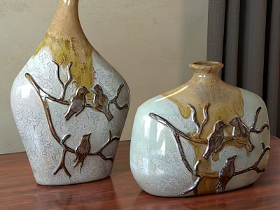 Ceramic Vases Decorated With Branches And Birds White Gold Gradient Design On Table 3d model