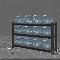 Three Tier Metal Storage Shelf With Blue Water Jugs Display And Organized Arrangement
