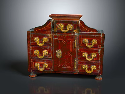 Vintage Red Cabinet Furniture With Ornate Design Golden Handles Multiple Drawers And Decorative Feet 3d model