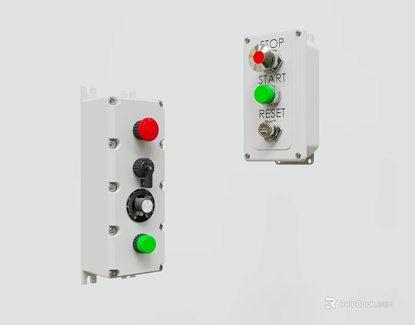 Industrial Switch Panel With Red Green Black Buttons Stop Start Reset Labels And Knobs 3d model 