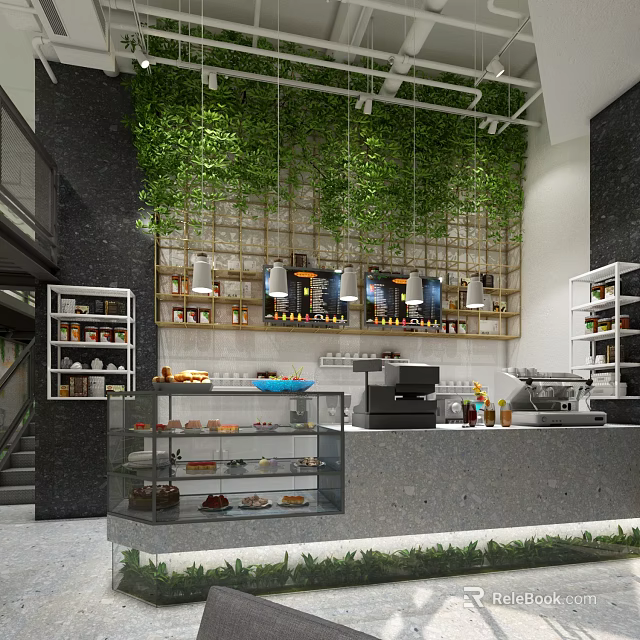 Modern Bubble Tea Shop Interior With Green Plant Wall Shelves Ingredients and Dessert Display Case 3d model 