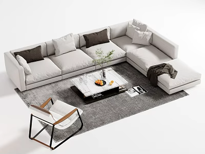 Modern L Shaped Sofa And Coffee Table Set With Cushions Fruit Plant And Accent Chair 3d model
