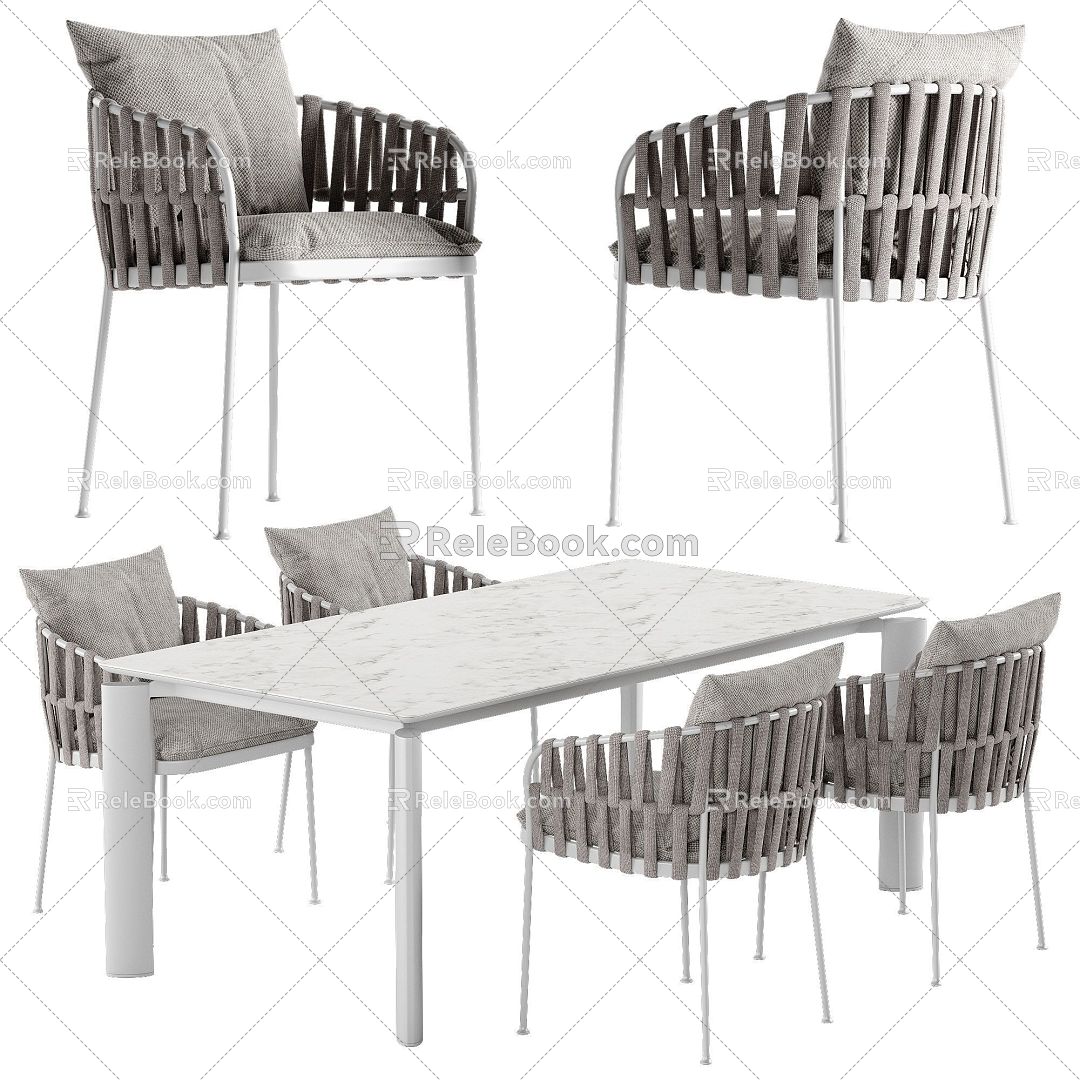 Outdoor white marble dining table gray lounge chair 3d model