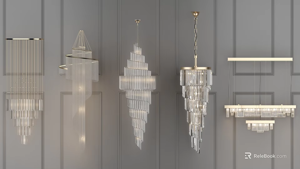 Modern Crystal Chandeliers With Different Geometric Designs Hanging On Gray Wall For Interior 3d model 