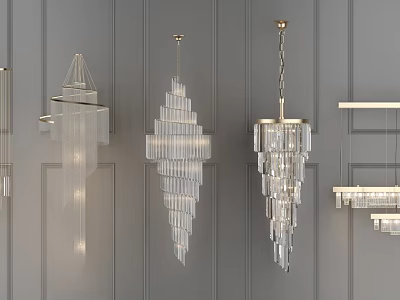 Modern Crystal Chandeliers With Different Geometric Designs Hanging On Gray Wall For Interior 3d model