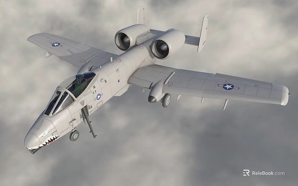 Twin Engine Fighter Jet Flying with Shark Mouth Paint and Wing Insignia in Cloudy Sky 3d model 