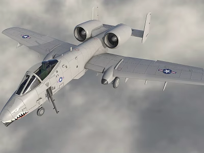 Twin Engine Fighter Jet Flying with Shark Mouth Paint and Wing Insignia in Cloudy Sky 3d model