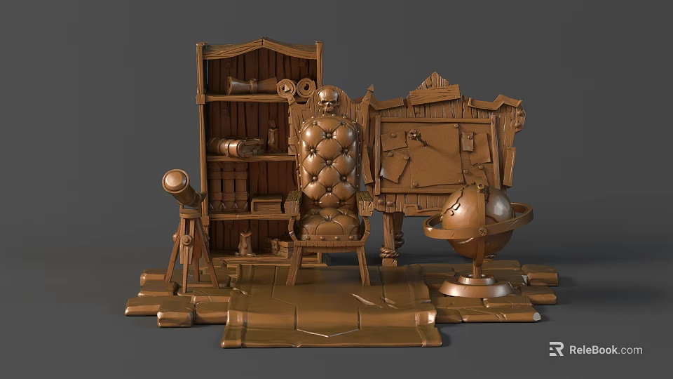 Artistic Sculptural Carving With Shelf Books Scrolls Padded Chair Easel Drawing Board Telescope And Globe 3d model 