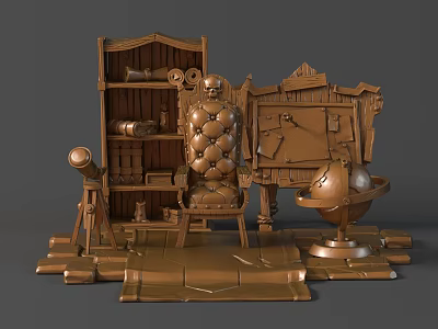 Artistic Sculptural Carving With Shelf Books Scrolls Padded Chair Easel Drawing Board Telescope And Globe 3d model