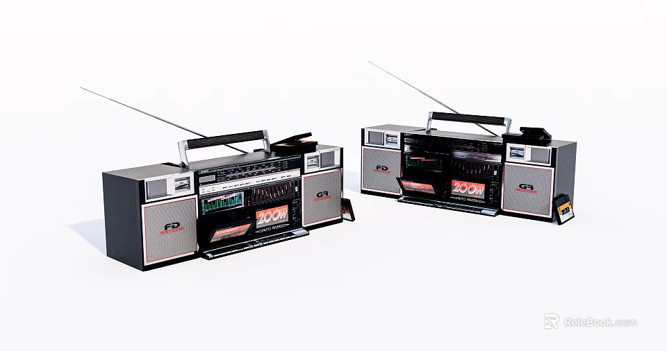 Vintage Black Boombox Stereo Systems With Radio Antennas And Control Panels 3d model 