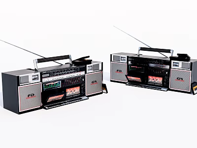 Vintage Black Boombox Stereo Systems With Radio Antennas And Control Panels 3d model