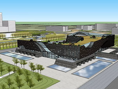 Modern Architectural Design Featuring Black Exterior Green Roof Garden Surrounding Ponds And Trees 3d model