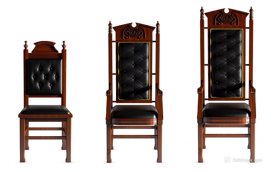 Vintage Wooden Chairs Featuring Black Leather Seats And Carved Backrest Design 3d model 
